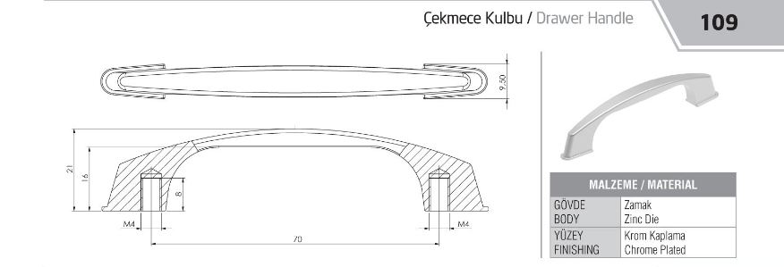 ÇEKMECE KULPU - ZAMAK - 70 mm