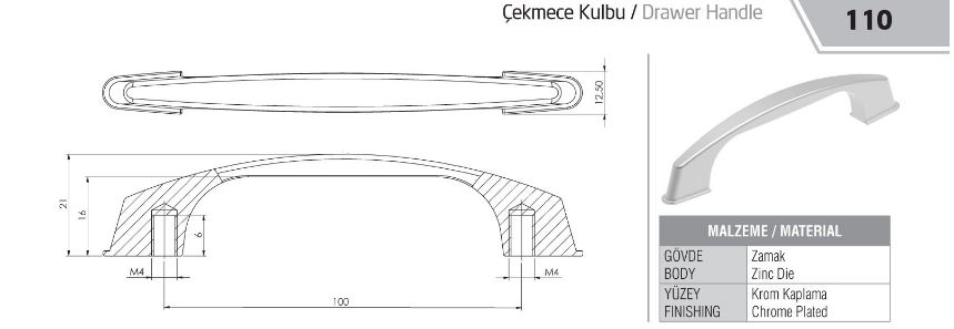 ÇEKMECE KULPU - ZAMAK - 100 mm