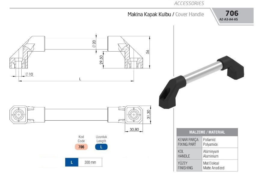 MAKİNA KAPAK KULPU 20mm*300mm