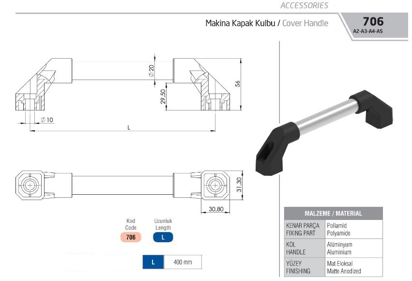 MAKİNA KAPAK KULPU 20mm*400mm