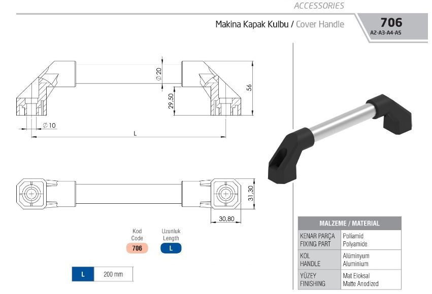 MAKİNA KAPAK KULPU 20mm*200mm