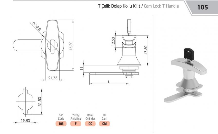 T KOL ÇELİK DOLAP KOLLU KİLİT - KROM KAPLAMA
