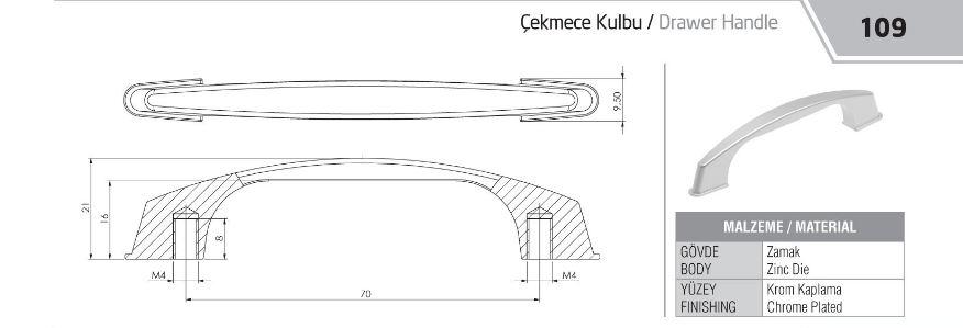 ÇEKMECE KULPU - ZAMAK - 70 mm