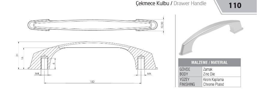 ÇEKMECE KULPU - ZAMAK - 100 mm
